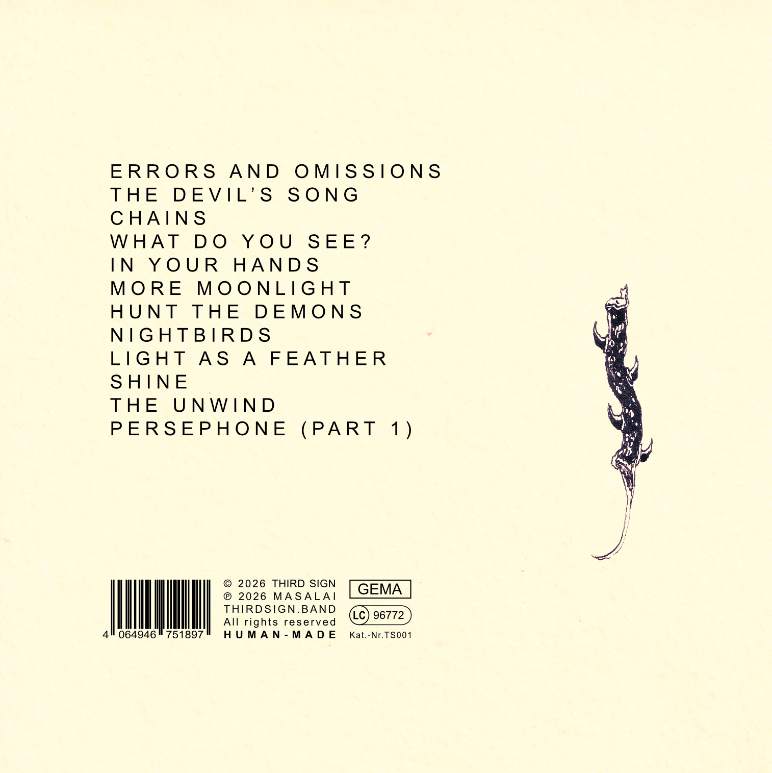 Back Cover of Third Sign's Album The Apocalypse Didn't happen, showing the Track names