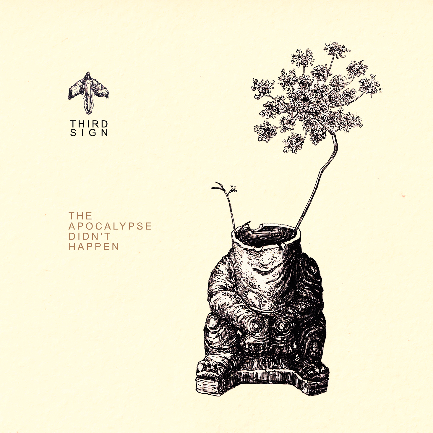 Front Cover image for Third Sign's Album The Apocalypse Didn't happen, picturing a hand-drawing of a broken statuette without a head used as a flower vase. Dark lines on light background.